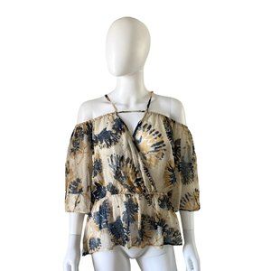 Anthropologie Let Me Be Off The Shoulder Sheer Blouse Yellow Blue Size XL